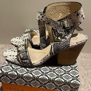 Isola Black and White Snake-Print Block Heel Sandals